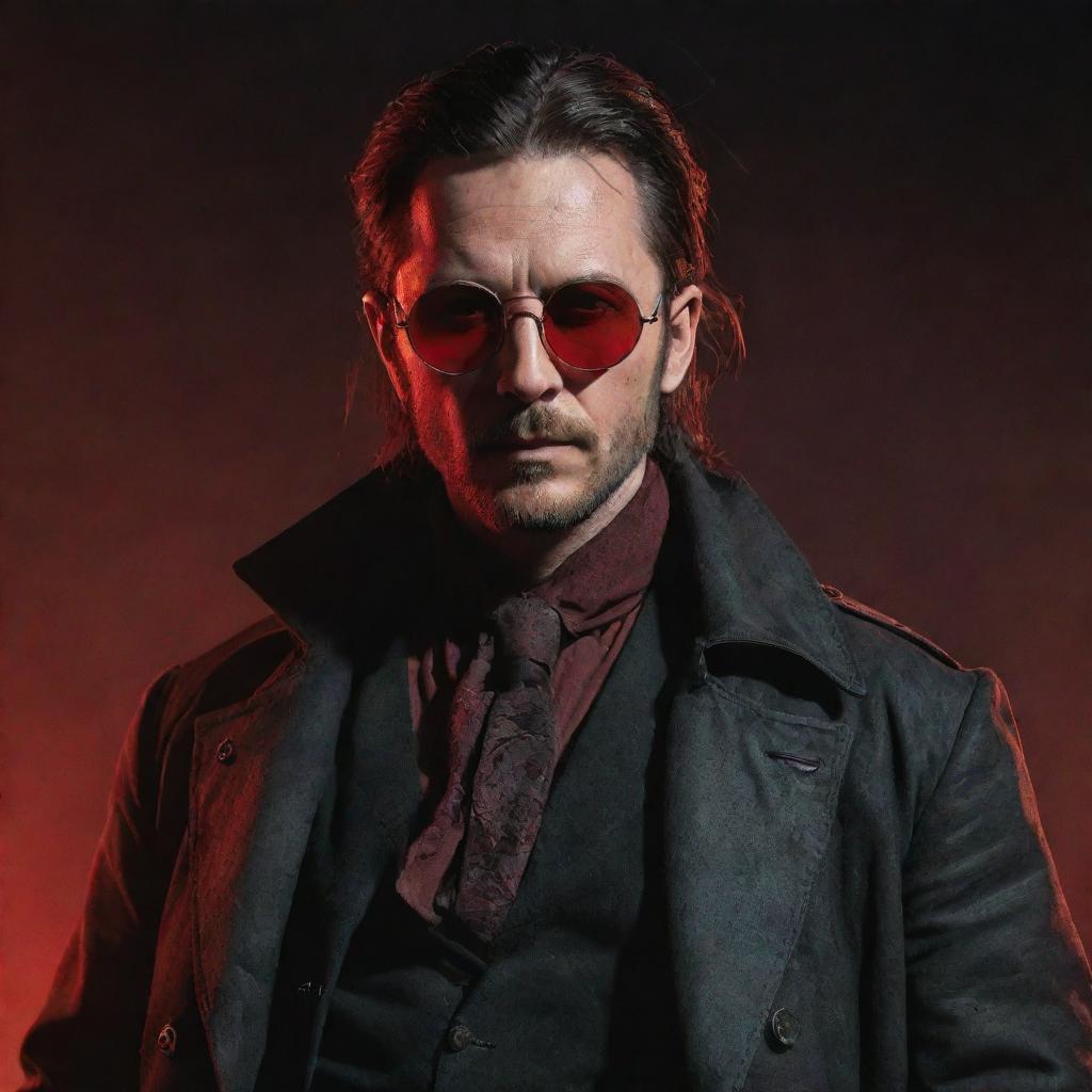 A male character styled after Van Helsing, wearing circle sunglasses and featuring elements of red hues.