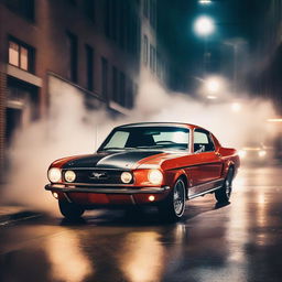 A classic Ford Mustang performing an impressive drift on a busy city street at night, with smoke trailing from its tires and city lights illuminating the scene