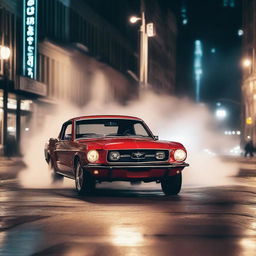 A classic Ford Mustang performing an impressive drift on a busy city street at night, with smoke trailing from its tires and city lights illuminating the scene