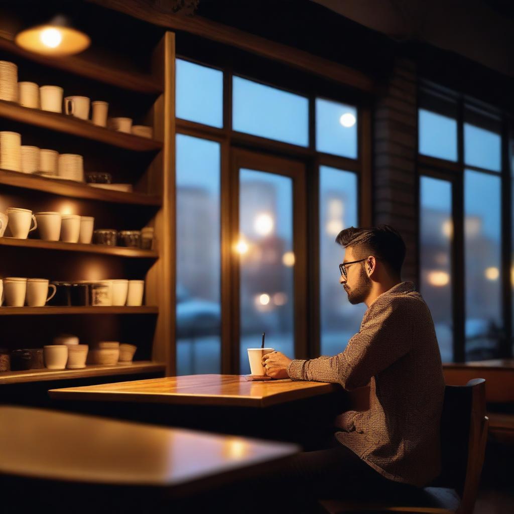 A man sitting in a cozy coffee shop at night, with warm lighting and a relaxed atmosphere