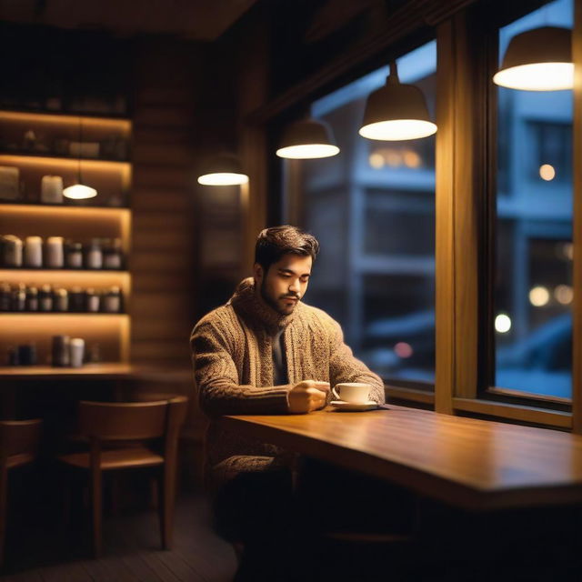 A man sitting in a cozy coffee shop at night, with warm lighting and a relaxed atmosphere