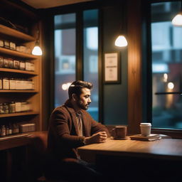 A man sitting in a cozy coffee shop at night, with warm lighting and a relaxed atmosphere