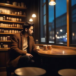 A man sitting in a cozy coffee shop at night, with warm lighting and a relaxed atmosphere