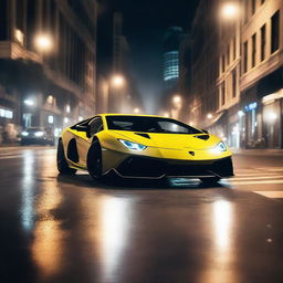 A Lamborghini sports car performing an impressive drift on a busy city street at night, with smoke trailing from its tires and city lights illuminating the scene