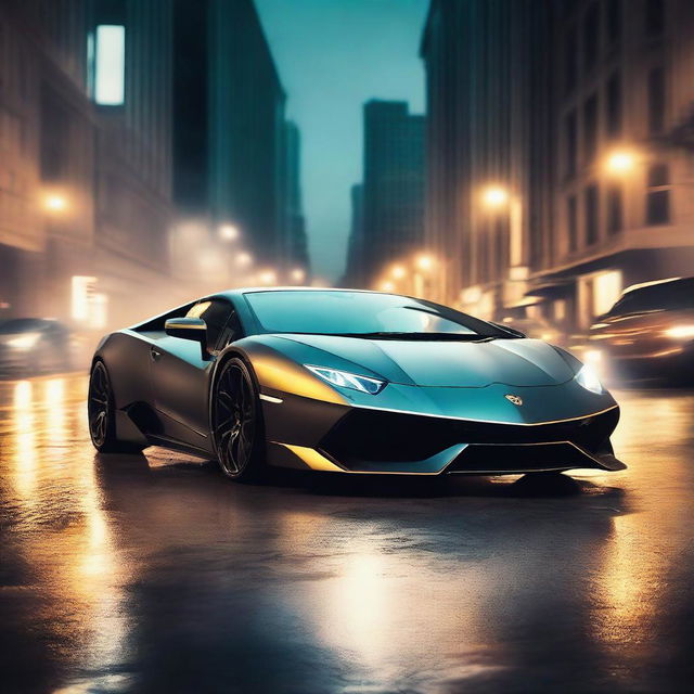 A Lamborghini sports car performing an impressive drift on a busy city street at night, with smoke trailing from its tires and city lights illuminating the scene