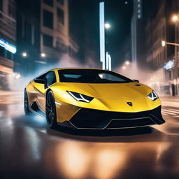 A Lamborghini sports car performing an impressive drift on a busy city street at night, with smoke trailing from its tires and city lights illuminating the scene