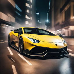 A Lamborghini sports car performing an impressive drift on a busy city street at night, with smoke trailing from its tires and city lights illuminating the scene