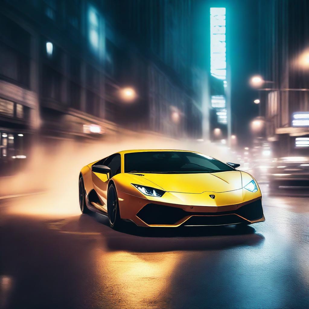 A Lamborghini sports car performing an impressive drift on a busy city street at night, with smoke trailing from its tires and city lights illuminating the scene