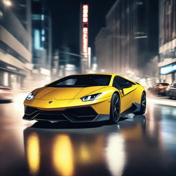 A Lamborghini sports car performing an impressive drift on a busy city street at night, with smoke trailing from its tires and city lights illuminating the scene