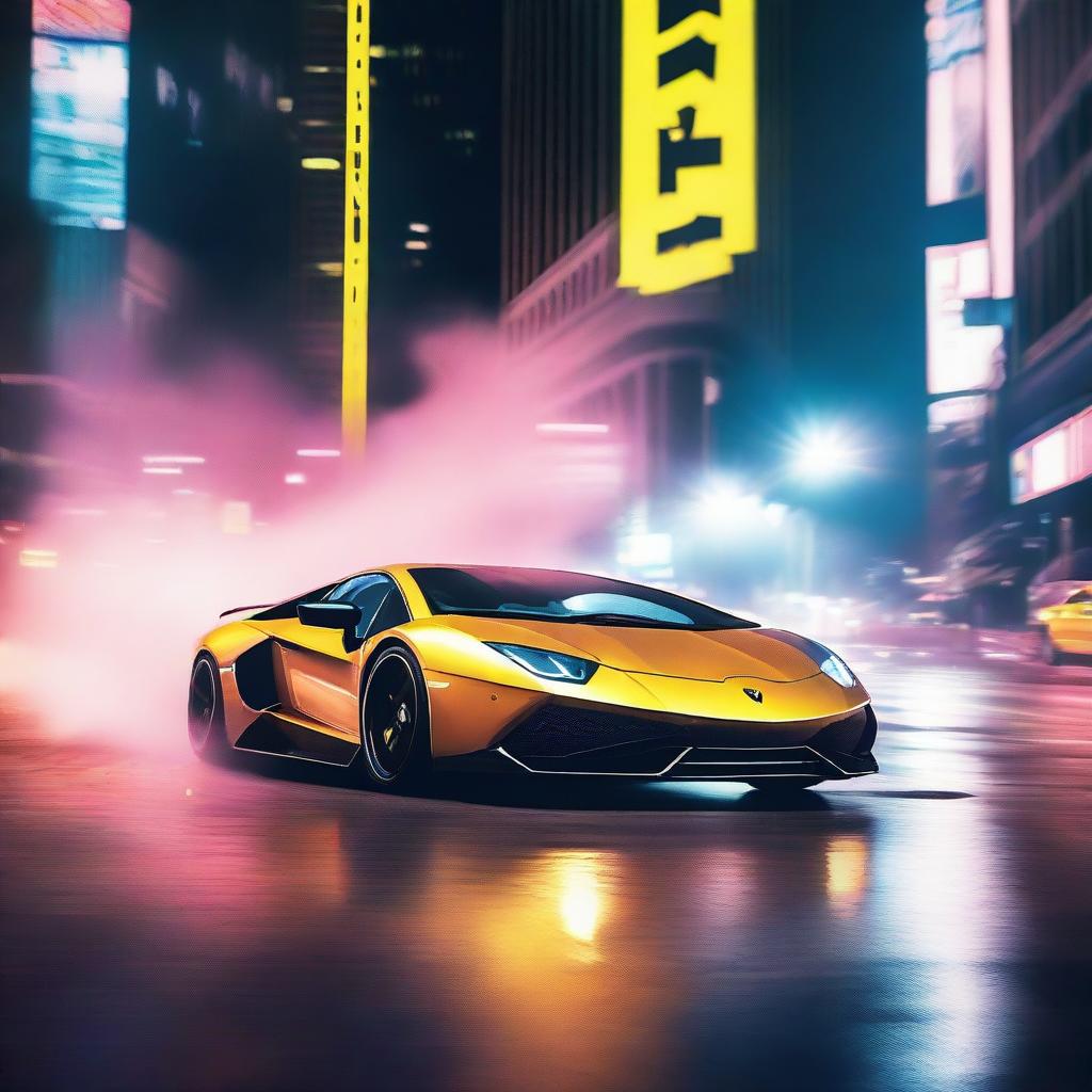 A Lamborghini sports car performing an impressive drift on a busy city street at night, with smoke trailing from its tires and city lights illuminating the scene