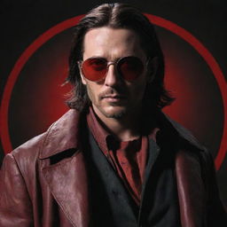 A male character styled after Van Helsing, wearing circle sunglasses and featuring elements of red hues.