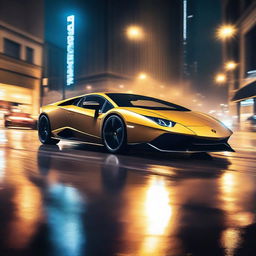 A Lamborghini sports car performing an impressive drift on a busy city street at night, with smoke trailing from its tires and city lights illuminating the scene