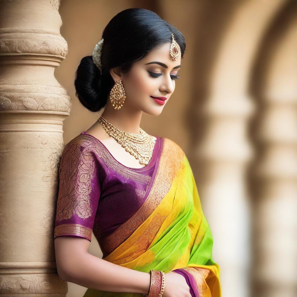 A beautiful Indian lady wearing a traditional saree with a deep blouse, exuding elegance and grace