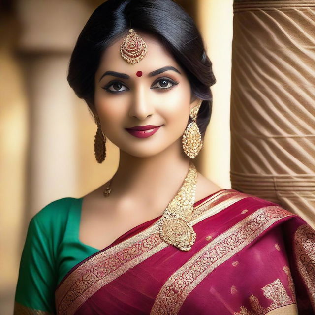 A beautiful Indian lady wearing a traditional saree with a deep blouse, exuding elegance and grace