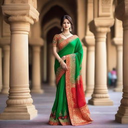 A beautiful Indian lady wearing a traditional saree with a deep blouse, exuding elegance and grace