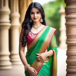 A beautiful Indian lady wearing a traditional saree with a deep blouse, exuding elegance and grace