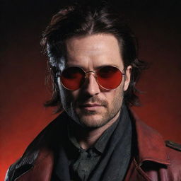 A male character styled after Van Helsing, wearing circle sunglasses and featuring elements of red hues.