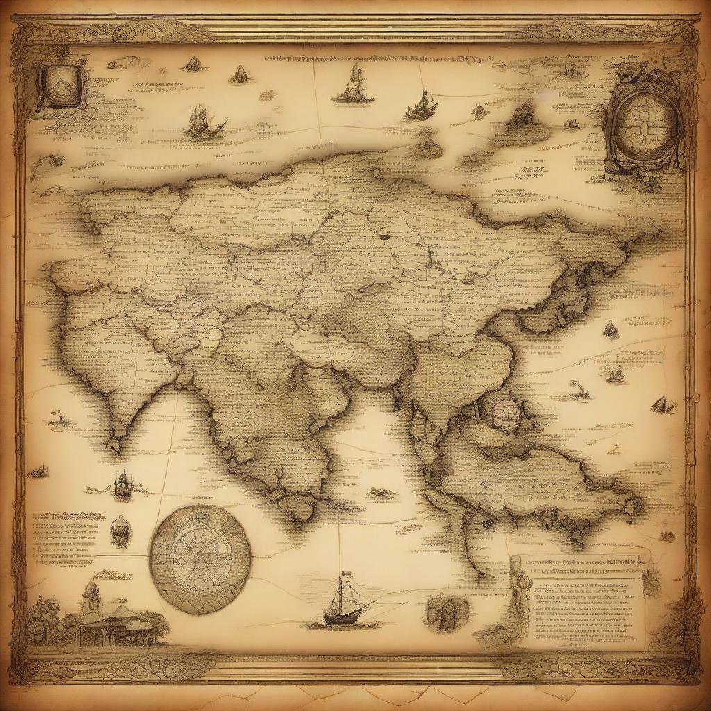 An ancient map with intricate details, showing old routes, landmarks, and mythical places