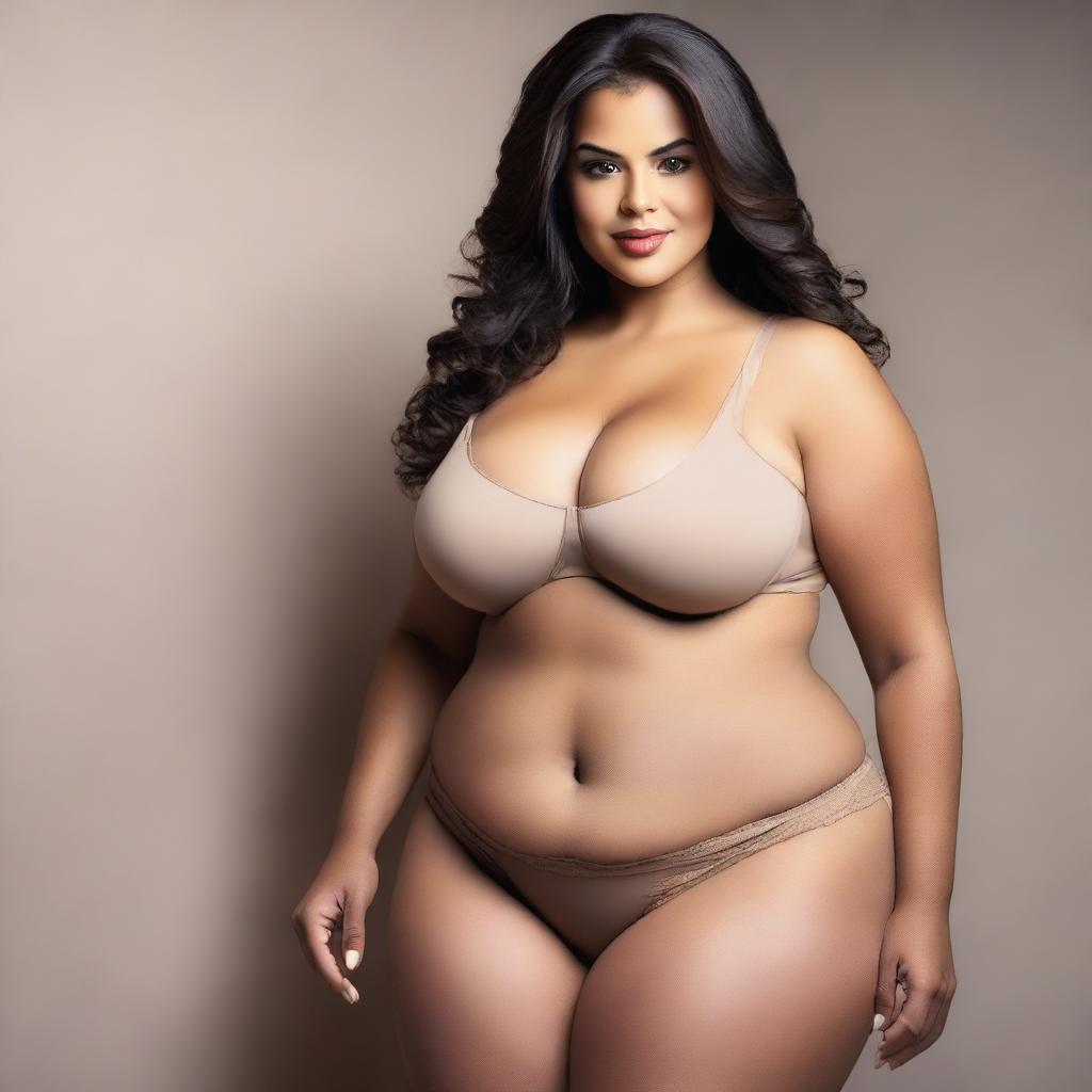 A full-body image of a woman with a voluptuous figure