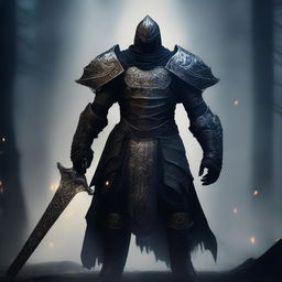 A dark and mysterious warrior clad in black armor, standing in a shadowy environment