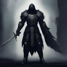 A dark and mysterious warrior clad in black armor, standing in a shadowy environment