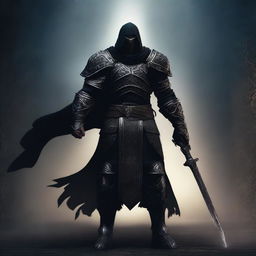 A dark and mysterious warrior clad in black armor, standing in a shadowy environment