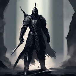 A dark and mysterious warrior clad in black armor, standing in a shadowy environment