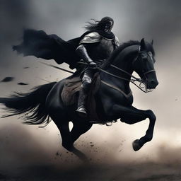 A dark and formidable warrior clad in black armor, riding a black horse through a war-torn battlefield