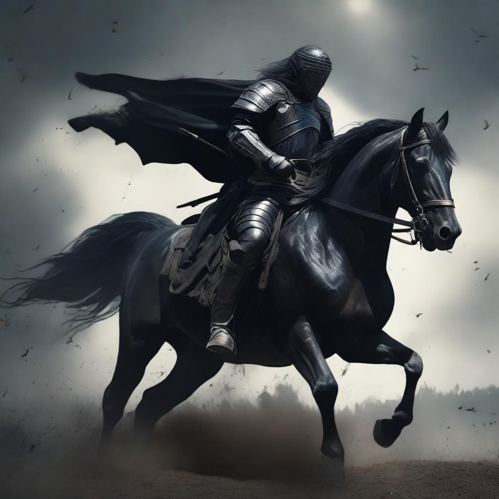 A dark and formidable warrior clad in black armor, riding a black horse through a war-torn battlefield