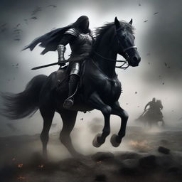 A dark and formidable warrior clad in black armor, riding a black horse through a war-torn battlefield