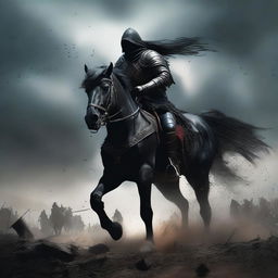 A dark and formidable warrior clad in black armor, riding a black horse through a war-torn battlefield