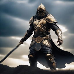 A fierce warrior clad in dark armor with golden accents, standing in a dramatic pose