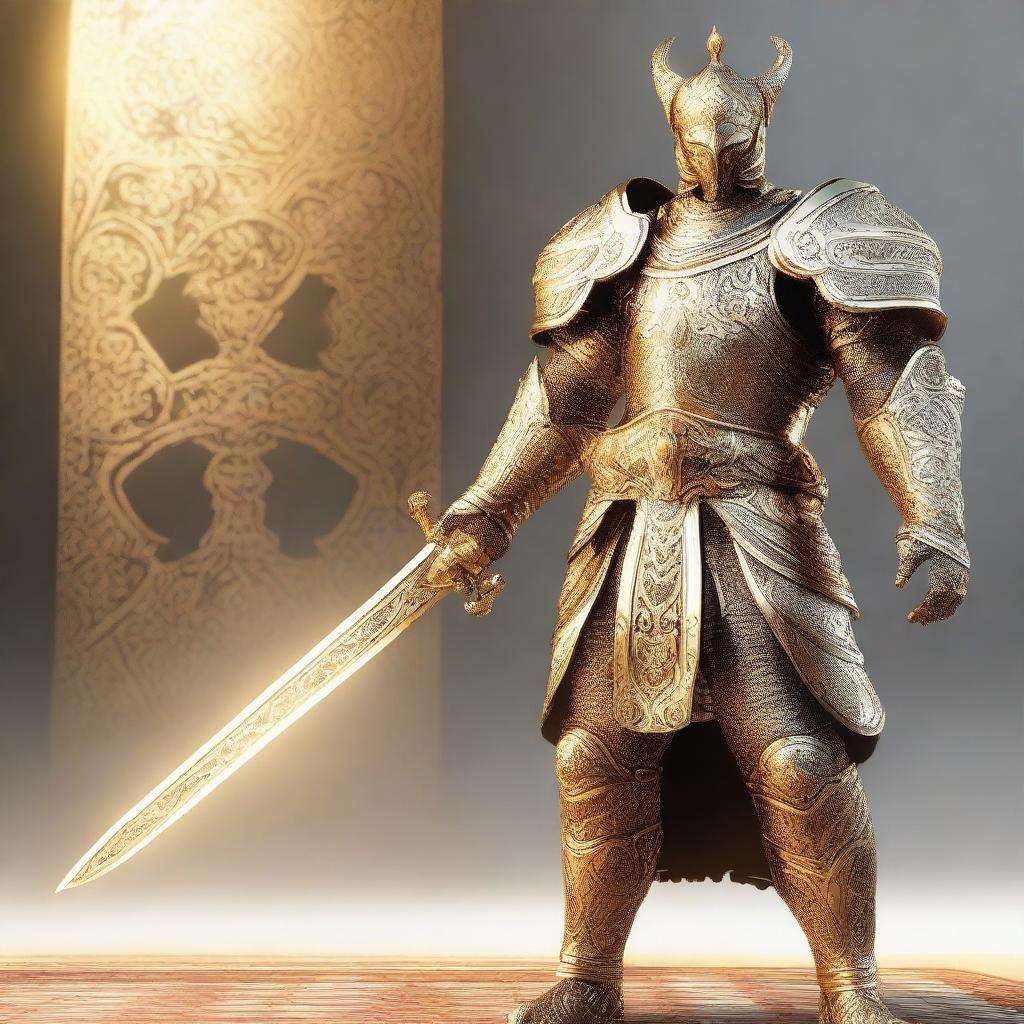 A majestic warrior clad in golden armor, standing in a heroic pose