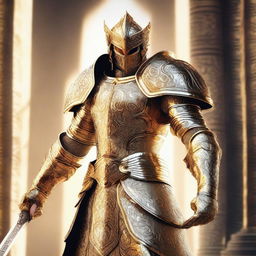 A majestic warrior clad in golden armor, standing in a heroic pose