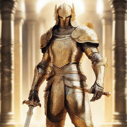 A majestic warrior clad in golden armor, standing in a heroic pose