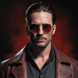 A male character styled after Van Helsing, wearing circle sunglasses and featuring elements of red hues.