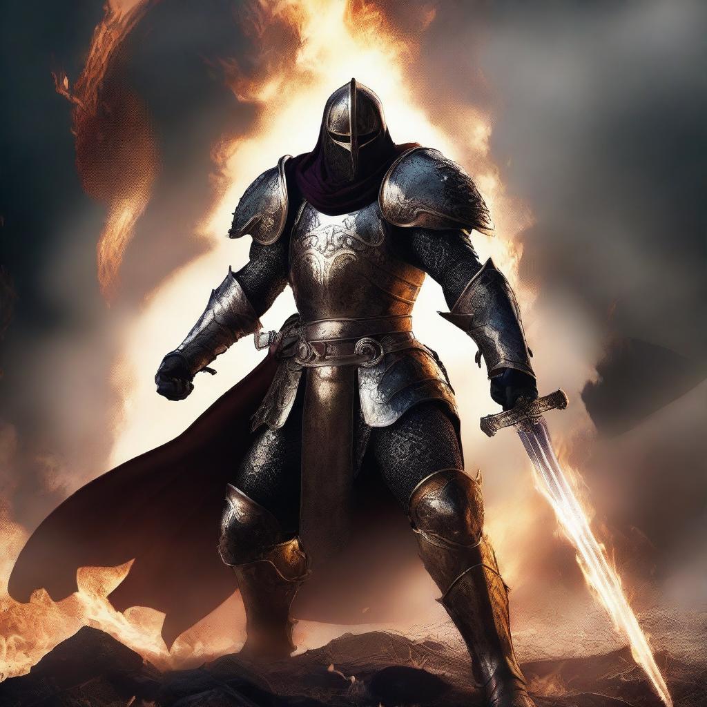 A fierce warrior clad in dark and gold armor stands in the midst of a chaotic battlefield