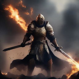 A fierce warrior clad in dark and gold armor stands in the midst of a chaotic battlefield