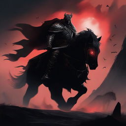 A dark and menacing warrior riding a fearsome beast through a desolate landscape