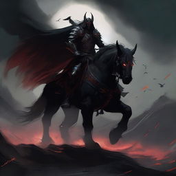 A dark and menacing warrior riding a fearsome beast through a desolate landscape