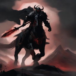 A dark and menacing warrior riding a fearsome beast through a desolate landscape