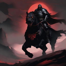 A dark and menacing warrior riding a fearsome beast through a desolate landscape