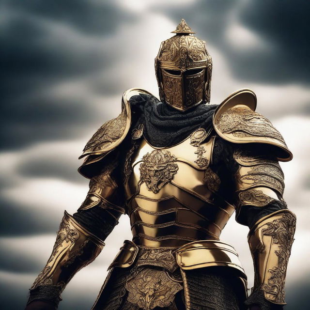 A dark and formidable soldier warrior adorned in golden armor