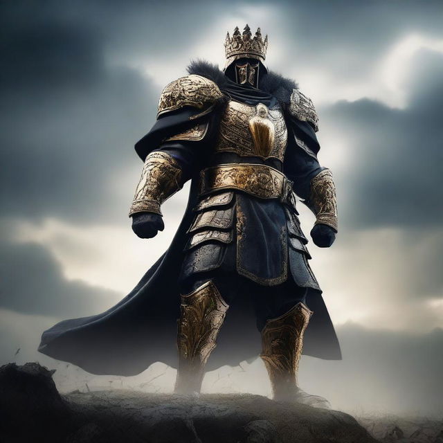 A dark soldier warrior adorned with a golden crown, standing in a powerful and imposing stance