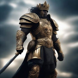 A dark soldier warrior adorned with a golden crown, standing in a powerful and imposing stance