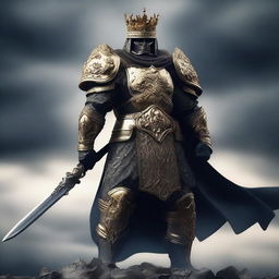 A dark soldier warrior adorned with a golden crown, standing in a powerful and imposing stance