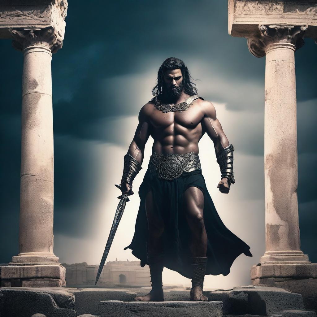 A dark and powerful Greek god dressed as a warrior, standing in a dramatic pose