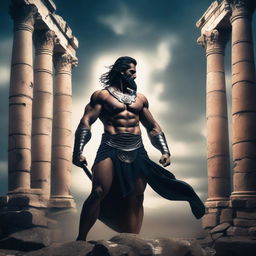 A dark and powerful Greek god dressed as a warrior, standing in a dramatic pose