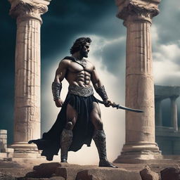 A dark and powerful Greek god dressed as a warrior, standing in a dramatic pose