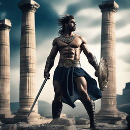 A dark and powerful Greek god dressed as a warrior, standing in a dramatic pose